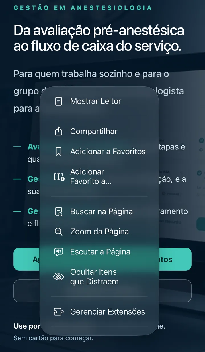 O menu do Safari aberto, com a opção Compartilhar em destaque.