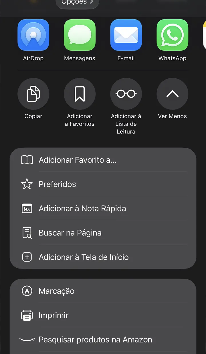 A folha de compartilhamento do iPhone, com o item Adicionar à Tela de Início.