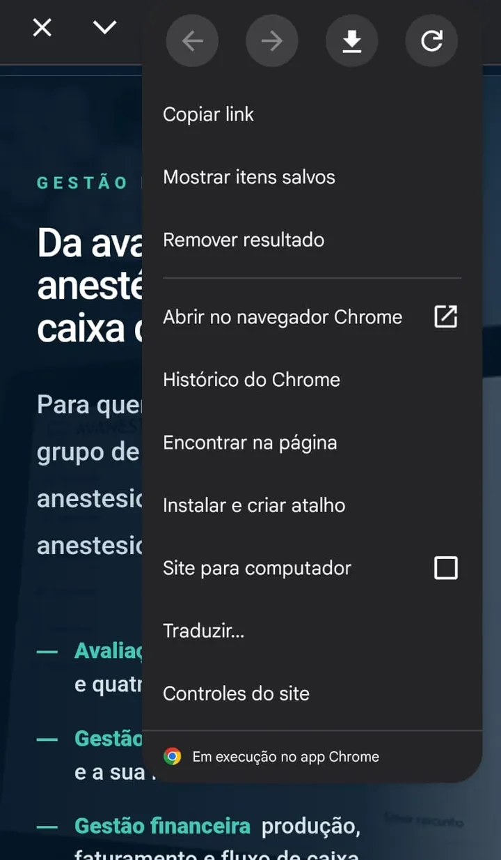 O menu do Chrome no Android aberto, com o item “Instalar e criar atalho”.