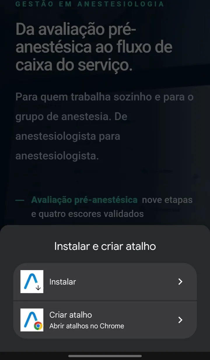A janela “Instalar e criar atalho” do Chrome, com as opções Instalar e Criar atalho.